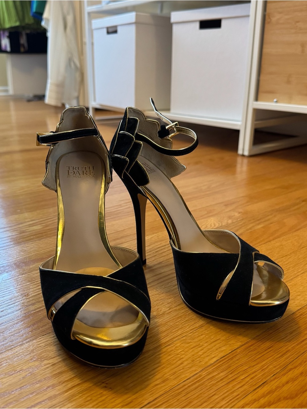 Truth or Dare by Madonna Black & Gold Suede Platform Ankle-Strap Heels